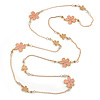 Long Light Pink Enamel Daisy Floral Necklace In Gold Plating - 112cm L