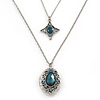 Vintage Inspired Two Strand Blue/ Teal Crystal Locket Necklace - 66cm L