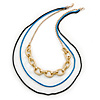 3 Strand, Layered Oval Link, Box Style Chain Necklace In Black/ Light Blue/ Gold Tone - 86cm L