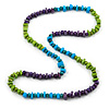 Long Green, Blue, Purple Round, Square Wood Bead Necklace - 100cm L