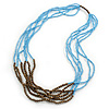 Long Multistrand Light Blue/ Brown Glass Bead Necklace - 80cm L