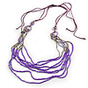 Long Multistrand Stone, Glass Bead, Sea Shell with Suede Cord Necklace (Purple, Grey, Metallic) - 110cm L/ 120cm L- Adjustable