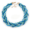 Blue/ Azure/ Light Green Mesh Chain and Silk Cords Choker Necklace In Gold Tone - 42cm L/ 8cm Ext