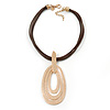Triple Oval Pendant with Brown Leather Cords In Gold Tone - 40cm L/ 5cm Ext