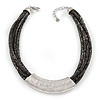 Statement Grey/ Black Snake Style Faux Leather Multi Cord Choker Necklace with Hammered Silver Tone Pendant - 43cm L/ 3cm Ext