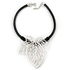 Oversized Leaf Pendant with Thick Black Leather Cord In Silver Tone - 42cm L/ 6cm Ext