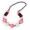 Pink/ Natural Shell, Wood Bead Black Faux Leather Cord Necklace - 80cm L
