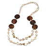 Antique White Shell Nugget, Glass and Wood Bead Layered Necklace - 88cm L
