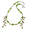 Vintage Inspired Green Ceramic Bead with Tassel Bronze Tone Chain Necklace - 96cm L