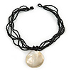 Black Glass Multistrand Necklace with Round Mother Of Pearl Pendant - 43cm L