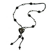 Black Glass Heart Pendant on Black Cotton Cord with Ceramic and Metal Beads Necklace - 66cm Long/ 15cm Tassel