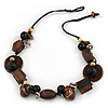 Wood and Ceramic Bead with Cotton Cord Necklace In Brown/ Black - 60cm L