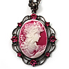 Pink Crystal Cameo 'Lady With Flowers' Oval Pendant (Black Tone)