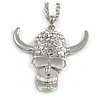 Diamante Skull With Horns Pendant Necklace (Rhodium Plated) - 60cm