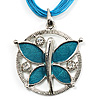Light Blue Enamel Cotton Cord Butterfly Pendant Necklace (Silver Tone) - 40cm Length