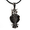 Marcasite Grey Black Enamel Owl On Black Leather Cord Necklace - 40cm Length