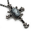 Victorian Cross Cameo Pendant Necklace (Gun Metal) - 65cm Length