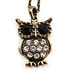 Long Vintage Bronze Tone Crystal Owl Pendant Necklace -70cm Length