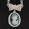 Diamante 'Cameo With Bow' Pendant Necklace In Antique Silver Metal Finish - 56cm Length with 6cm extension