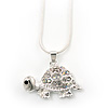 Cute Crystal Turtle Pendant Necklace In Rhodium Plated Metal - 44cm Length