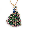 Stunning Multicoloured Enamel Peacock Pendant Necklace In Gold Plated Metal - 64cm Length (7cm extension)