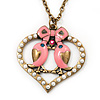 Pink Enamel 'Love Birds' Pendant Necklace In Bronze Tone Metal - 74cm Length