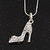 Stylish Diamante 'Shoe' Pendant Necklace In Rhodium Plated Metal - 40cm Length & 4cm Extension