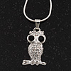 Tiny Crystal 'Owl' Pendant Necklace In Rhodium Plated Metal - 40cm Length & 4cm Extension