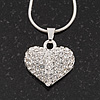 Small Clear Crystal Puffed 'Heart' Pendant Necklace In Rhodium Plated Metal - 40cm Length & 4cm Extension