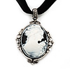 Victorian Style Crystal 'Cameo' Pendant On Black Velour Cord Choker Necklace In Silver Tone - 35cm Length (8cm extension)