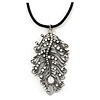 Burn Silver Large Diamante 'Feather' Pendant On Black Leather Cord Necklace - 38cm Length/ 7cm Extension