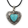 Burn Silver Turquoise Stone 'Heart' Pendant On Black Cotton Cord Necklace - 40cm Length/ 7cm Extension