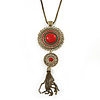 Long Red Tassel Pendant Necklace In Burn Gold Finish - 70cm Length