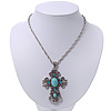 Antique Silver Turquoise Stone 'Cross' Pendant Necklace - 66cm L/ 3cm Ext