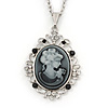 Long Crystal Grey Oval 'Cameo' Pendant Necklace In Silver Plating - 72cm Length/ 9cm Extension