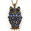 Long Blue Diamante Cute Owl Pendant In Antique Gold Plating - 70cm Length/ 10cm Extension