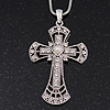 Caviar Simulated Pearl and Swarovski Crystal 'Crux Invicta' Statement Cross Pendant and Chain (Silver Plating) - 36cm Length/ 8cm Extension