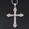 Simulated Pearl and Swarovski Crystal Vintage Style 'Fleur de Lis' Cross Pendant Necklace In Silver Plating - 36cm Length/ 8cm Extension