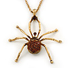 Shimmering Amber Coloured Crystal Spider Pendant Necklace In Antique Gold Tone Metal - 60cm Length