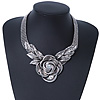 Solid Chunky 'Rose With Leaves' Choker Necklace In Rhodium Plating - 36cm Length