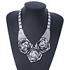 Chunky Triple Rose Ethnic Necklace In Rhodium Plating - 42cm Length/ 7cm Extender