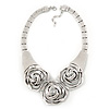 Chunky Triple Rose Ethnic Necklace In Rhodium Plating - 42cm Length/ 7cm Extender