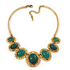 Ethnic Green Resin Oval Stone In Burn Gold Metal Choker Necklace - 34cm Length/ 6cm Extender