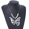 Large Solid 'Butterfly' Pendant Necklace In Silver Plating - 38cm Length/ 7cm Extension