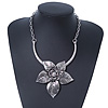 Large Textured 'Flower' Pendant Ethnic Necklace In Burn Silver Metal - 38cm Length/ 6cm Extender