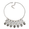 Clear/Grey Glass Crystal Drops Ethnic Necklace In Rhodium Plating - 38cm Length/ 7cm Extension