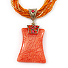 Vintage Bead Orange Square Glass Pendant Necklace In Antique Gold Metal - 38cm Length/ 5cm Extender