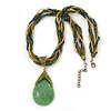 Vintage Bead Light Green Teardrop Glass Pendant Necklace In Antique Gold Metal - 38cm Length/ 5cm Extender