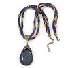 Vintage Bead Purple Teardrop Glass Pendant Necklace In Antique Gold Metal - 38cm Length/ 5cm Extender