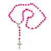 Long Neon Pink Bead Cross Rosary Necklace - 80cm Length